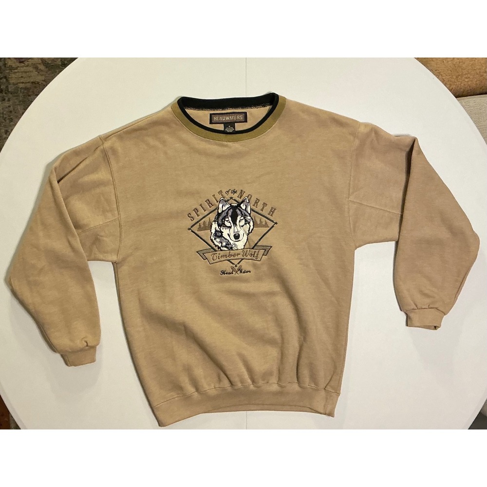 Headwaters Timber Wolf Spirit‎ of the North Crewneck Sweatshirt Mens M Tan
